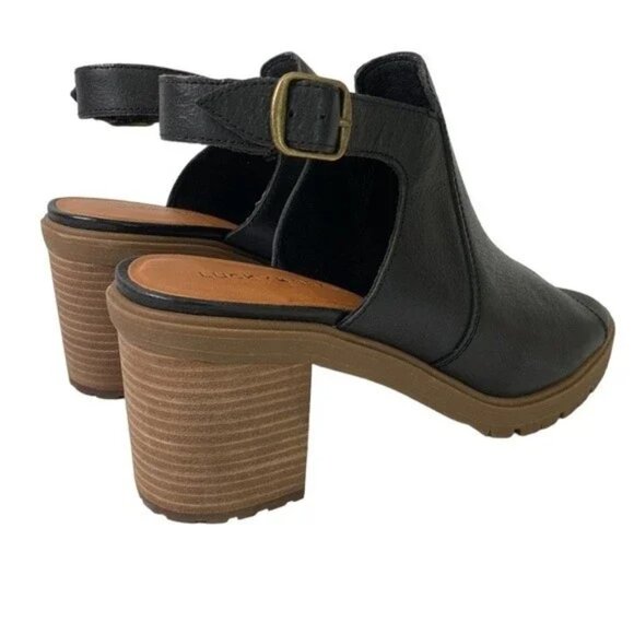 Lucky Brand Deylin Leather Lug Sole Sandal Peep Toe Sling Back Stacked Heel - Picture 3 of 4